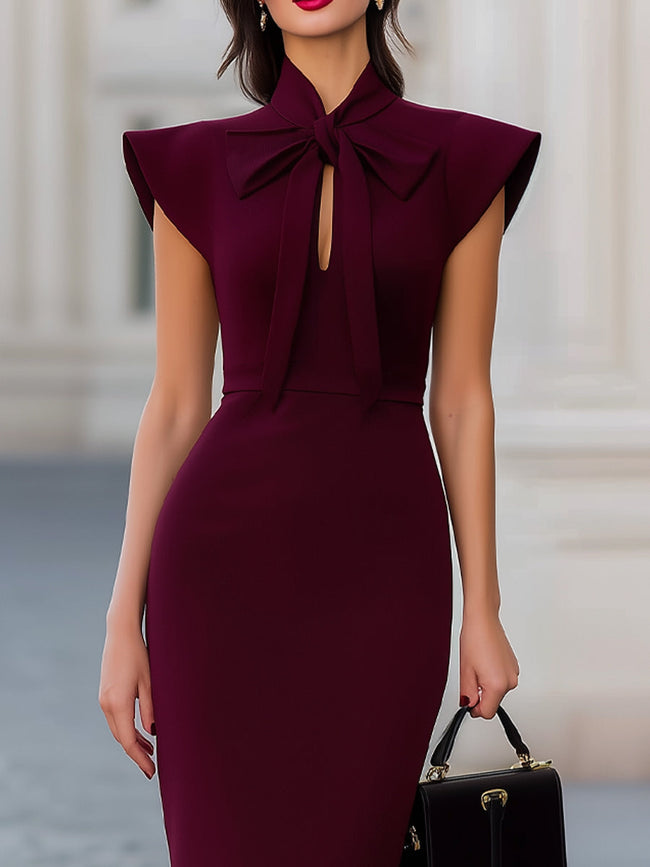 FJØRNA Burgundy ruffle shoulder bow tie neck bodycon midi dress, elegant evening dress with ruffled details and fitted silhouette.