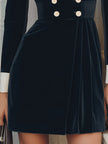FJØRNA black velvet blazer dress with contrast lapel, double-breasted design, and tailored fit, shown on a model.