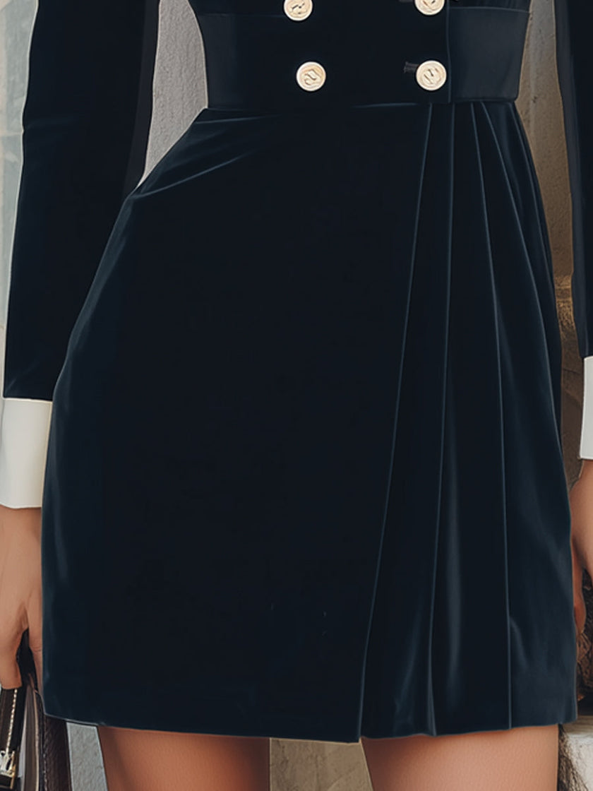FJØRNA black velvet blazer dress with contrast lapel, double-breasted design, and tailored fit, shown on a model.