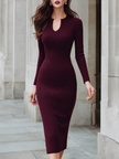 FJØRNA Bordeaux ribbed knit midi dress with keyhole neckline, showcasing fitted silhouette and stylish design.