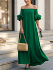 FJØRNA white maxi dress with half sleeves, loose fit, solid color, off-the-shoulder design, perfect for casual or summer wear.