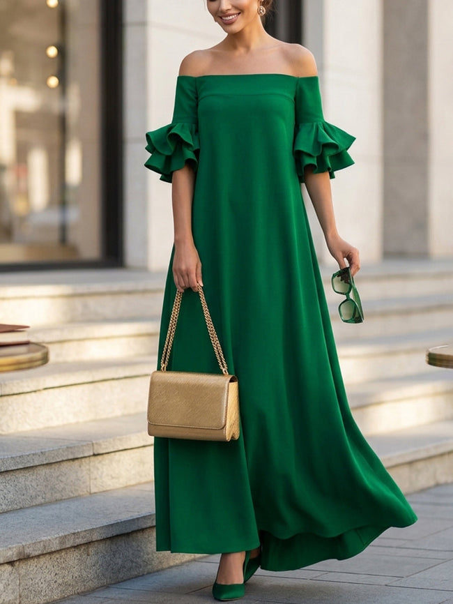 FJØRNA white maxi dress with half sleeves, loose fit, solid color, off-the-shoulder design, perfect for casual or summer wear.