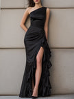 FJØRNA one-shoulder satin gown with cascading layered ruffles, elegant maxi dress perfect for formal occasions