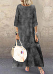 FJØRNA khaki plaid maxi dress with o-neck, half sleeves, and ruffle detail, perfect for casual or summer wear