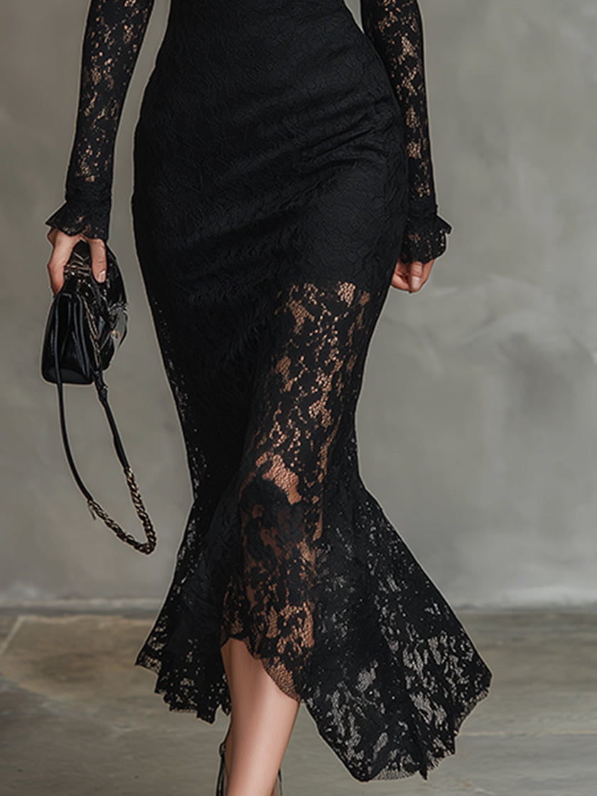 Black Lace Fishtail Maxi Dress | Evening Dress
