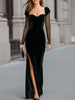 FJØRNA black velvet sweetheart gown with sheer sleeves, elegant black maxi dress with fitted bodice and flowing skirt.