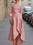 FJØRNA elegant satin long-sleeve high-low evening dress for women, showcasing a flowing design with a fitted bodice and stylish hem.