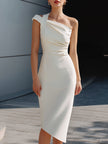 FJØRNA one-shoulder draped asymmetrical midi dress displayed on a mannequin, showcasing its elegant design and flowing fabric.