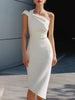 FJØRNA one-shoulder draped asymmetrical midi dress displayed on a mannequin, showcasing its elegant design and flowing fabric.