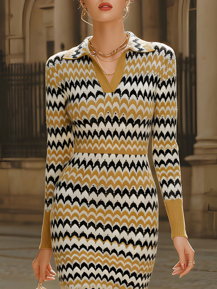 FJØRNA retro chevron print polo collar knit midi dress shown on a model in a stylish, patterned knee-length dress with long sleeves.