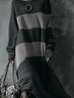 FJØRNA retro round neck contrast color knitted midi dress, showcasing a stylish, vintage-inspired design with bold color blocks.