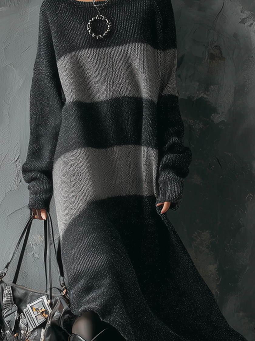FJØRNA retro round neck contrast color knitted midi dress, showcasing a stylish, vintage-inspired design with bold color blocks.