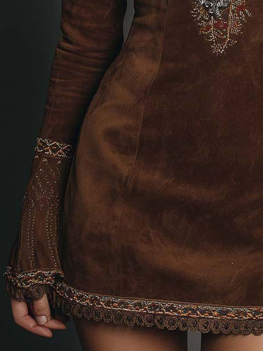 Vintage brown suede mini dress with embroidered detailing by FJØRNA, featuring a fitted silhouette and delicate embroidery accents.