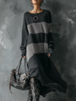 FJØRNA retro round neck knitted midi dress with contrast color detailing, showcasing a stylish and comfortable dress design.