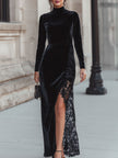 FJØRNA black velvet turtleneck gown with lace slit, elegant black lace dress featuring a fitted silhouette and sophisticated design.