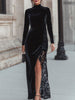 FJØRNA black velvet turtleneck gown with lace slit, elegant black lace dress featuring a fitted silhouette and sophisticated design.