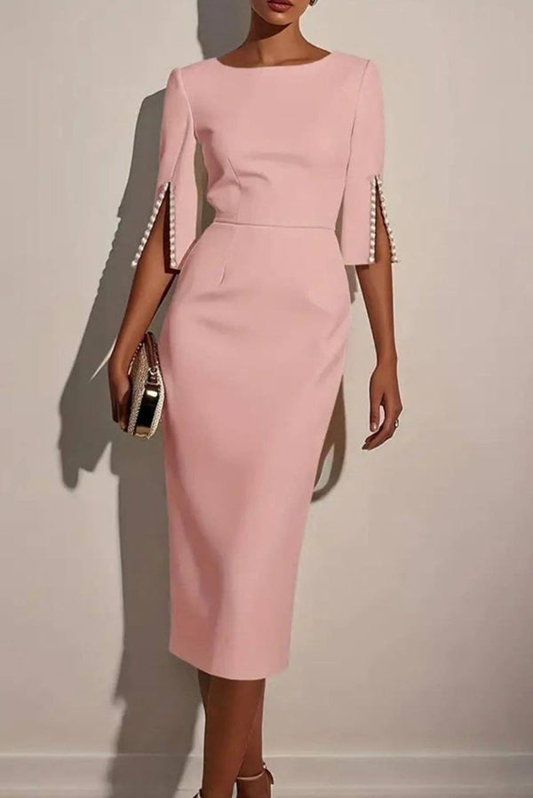 FJØRNA solid color elegant round neck midi dress with half sleeves and beaded decoration, slim fit design.