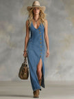 Denim V-Neck Maxi Dress Button For Women