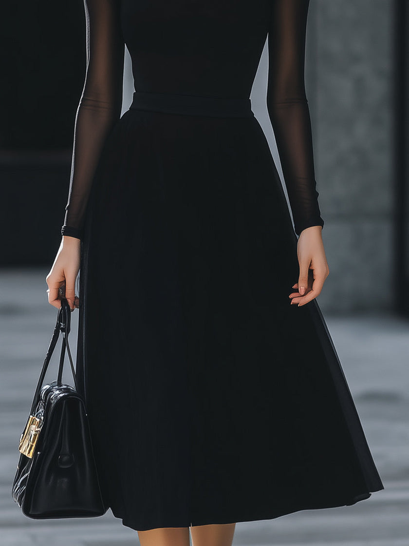 FJØRNA sheer-sleeve high-neck A-line midi dress for women, featuring a flowing silhouette and elegant design.