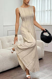 FJØRNA solid color round neck sleeveless pleated maxi dress, casual wedding dress with elegant flowing design and comfortable fit.