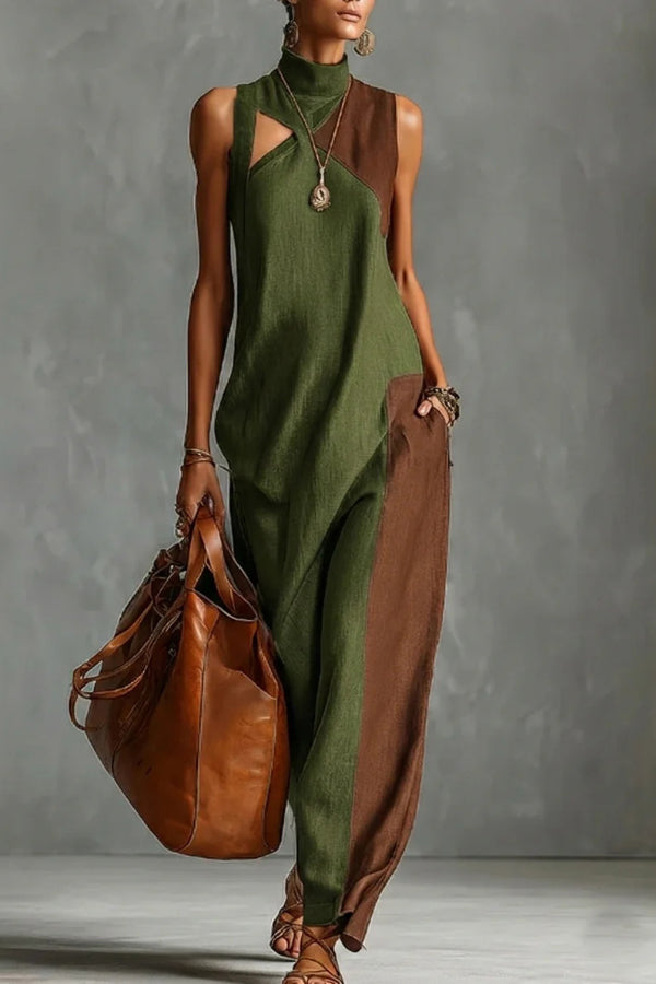FJØRNA color-blocked high-neck sleeveless casual maxi dress with pockets, featuring bold contrast panels and a flowing silhouette.