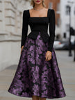 FJØRNA floral jacquard peplum bodice midi dress with a fitted waist and elegant floral pattern, perfect for stylish occasions.