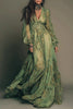FJØRNA botanical print V-neck long-sleeved fitted waist casual maxi dress, showing a flowy floral design on soft fabric.