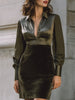 FJØRNA satin and velvet panelled mini dress for women, featuring a stylish shirt-style design with mixed fabric textures.