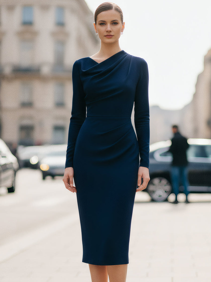 Navy FJØRNA draped midi dress with flowing fabric and elegant design, perfect for stylish occasions.