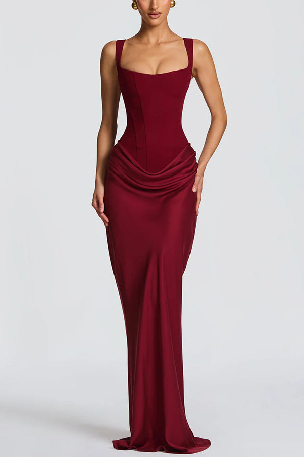 FJØRNA summer maxi dress for women featuring a square neckline and bodycon fit, in a vibrant, flowy fabric.