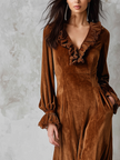 FJØRNA retro velvet midi dress with ruffle neck and lace trim, eco-friendly women's dress showcasing a stylish, vintage-inspired design.