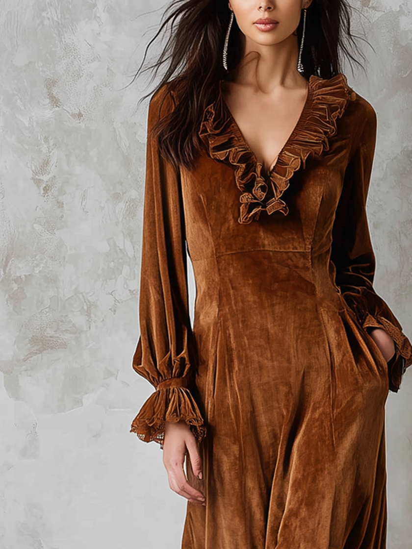 FJØRNA retro velvet midi dress with ruffle neck and lace trim, eco-friendly women's dress showcasing a stylish, vintage-inspired design.