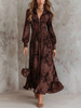 Retro Zipper Neck Long Sleeve Paisley Print Women's Midi Dress