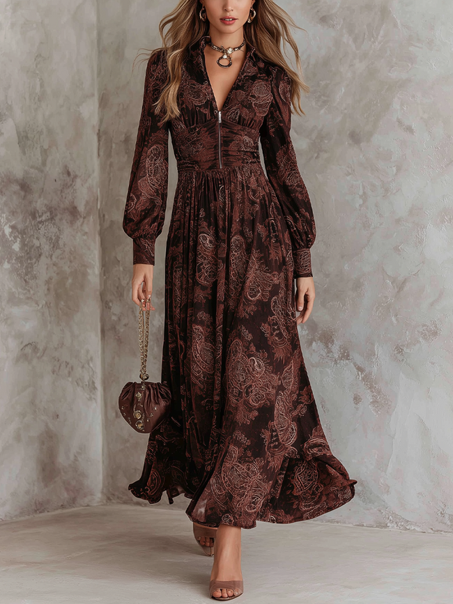 FJØRNA Eloise paisley zip-waist maxi dress in white, flowing fabric with a fitted waist and elegant maxi length.