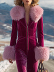 Rose red velvet faux fur collar jumpsuit by FJØRNA, featuring a flared design and stylish details on the fabric.
