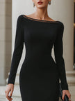 FJØRNA long sleeve sheer panel midi dress with sculpted fit, showcasing a sleek, elegant design and figure-enhancing silhouette.