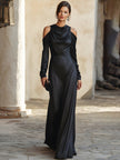 FJØRNA off-shoulder long evening gown with draped bodice, flowing sleeves, and elegant maxi dress design.