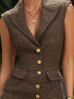 FJØRNA brown tweed sleeveless tailored mini dress with gold button detail, stylish and fitted for a chic look.
