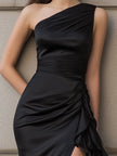 FJØRNA one-shoulder satin maxi dress with cascading layered ruffles, elegant evening gown with a flowing silhouette.