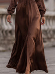 FJØRNA satin cinched waist maxi dress in mocha brown, featuring a flowing silhouette and elegant design.