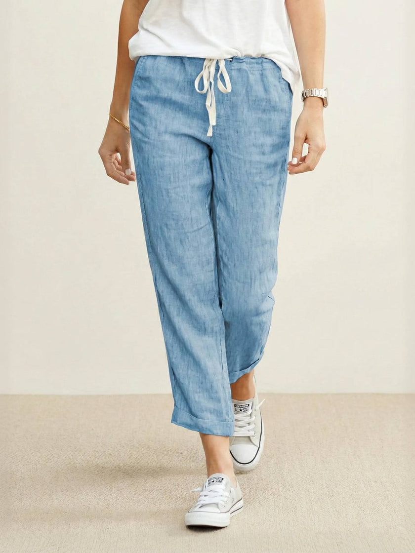 FJØRNA Felicity women's drawstring casual pants in relaxed fit, featuring a comfortable elastic waistband and stylish design.