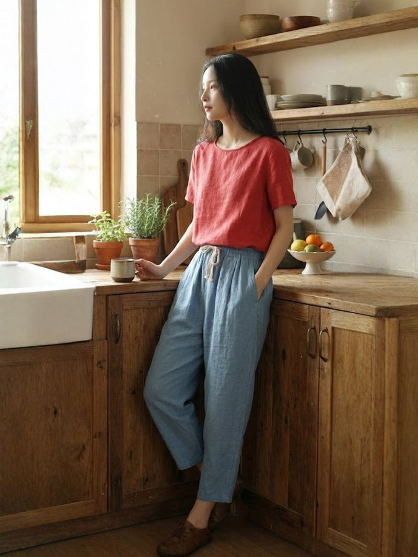 FJØRNA Felicity women's casual pants with drawstring waist, relaxed fit, and lightweight fabric, perfect for everyday comfort.