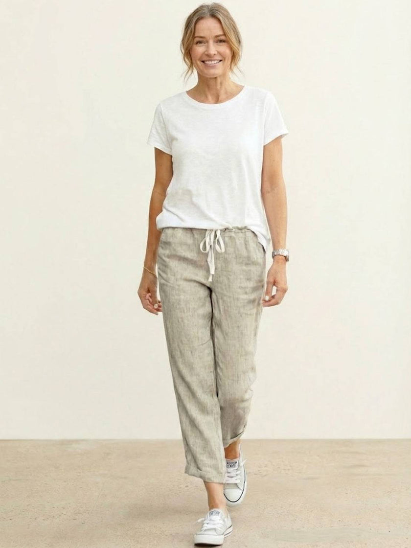 FJØRNA Felicity women's casual drawstring pants in relaxed fit, lightweight fabric, shown in a neutral color.