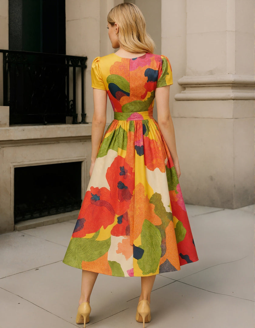 Red satin midi dress for women with A-line shape, pleated skirt, and puff sleeves by FJØRNA, shown on a model.