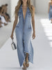 Light blue denim sleeveless jumpsuit with raw edges and wide-leg design by FJØRNA, shown on a model.