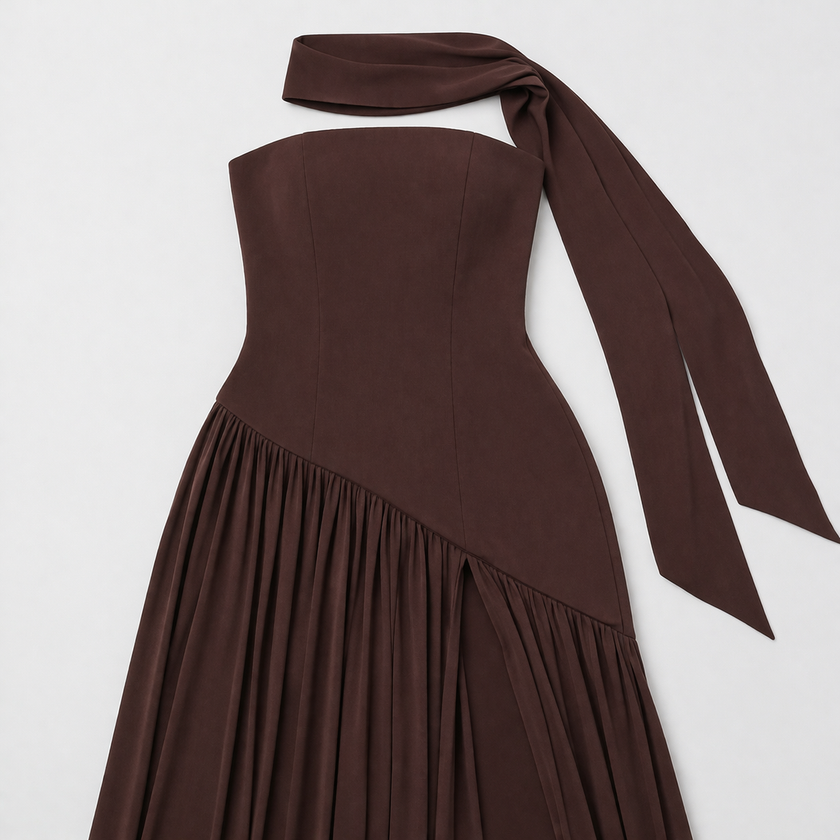 FJØRNA women's elegant strapless maxi dress in flowing fabric, perfect for formal occasions and summer events.