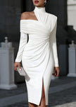 FJØRNA Ceylan women's white asymmetric midi dress with draped one-shoulder design and elegant fit, perfect for stylish occasions