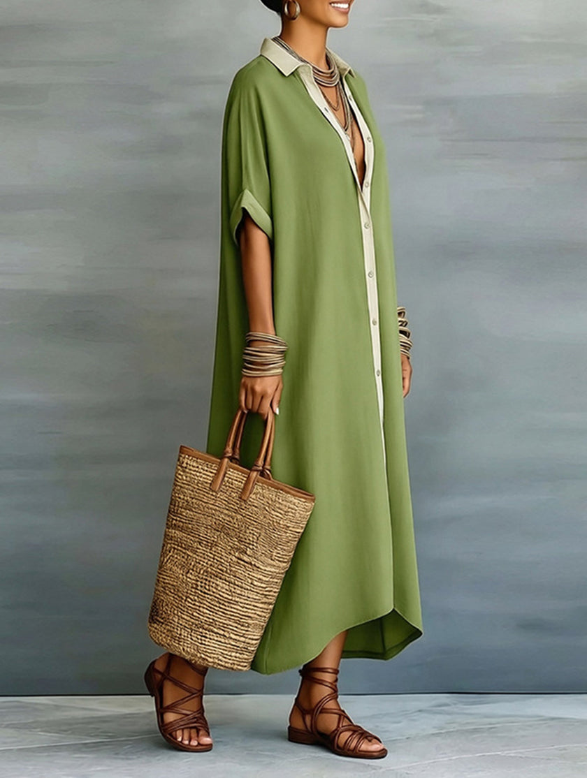 FJØRNA casual solid buttoned midi dress with a relaxed fit, perfect for casual weddings, displayed on a hanger.