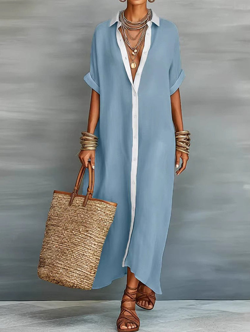 FJØRNA casual solid buttoned midi dress, perfect for casual weddings, featuring a relaxed fit and elegant design.