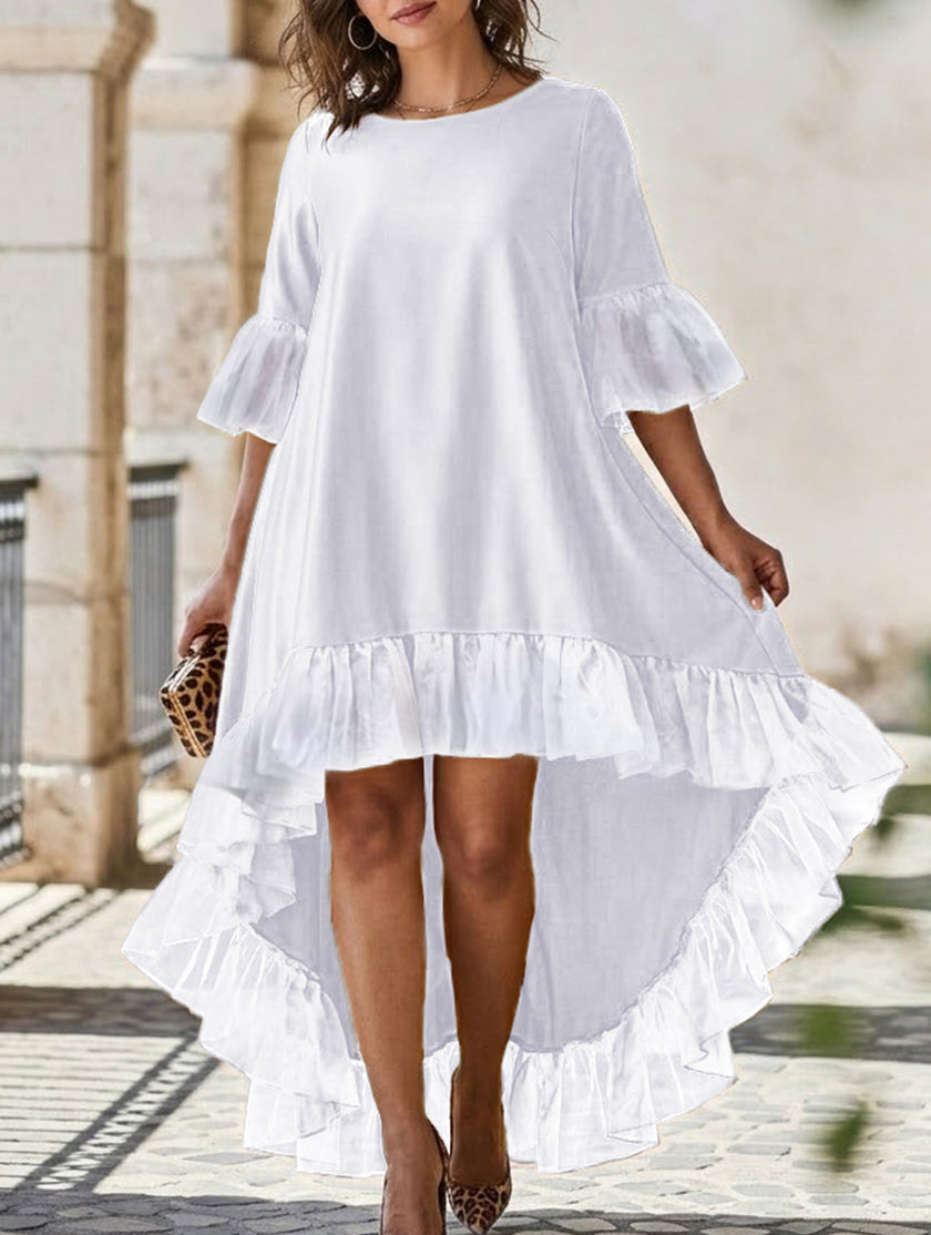 White lace patch irregular party dress by FJØRNA featuring a stylish, asymmetrical design and delicate lace details.